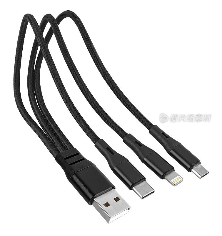 带Type-C, micro USB, Lightning和USB接口的电缆